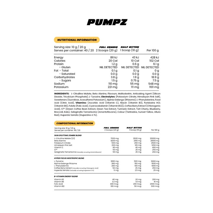 Zombie Labs Pumpz Non-Stim Pump + Nootropic | Non Stim Pre Workout | Probuilder
