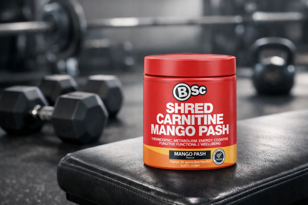 BSc Shred Carnitine supplement representing benefits to the body in a gym setting