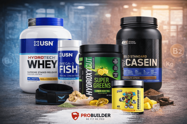 ProBuilder fitness supplements including whey protein, casein, pre-workout, and training accessories for overall health and performance
