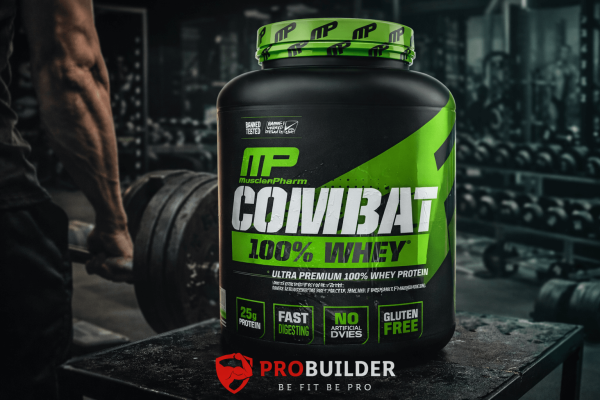 MusclePharm Combat 100% Whey protein powder displayed in a gym setting with ProBuilder branding