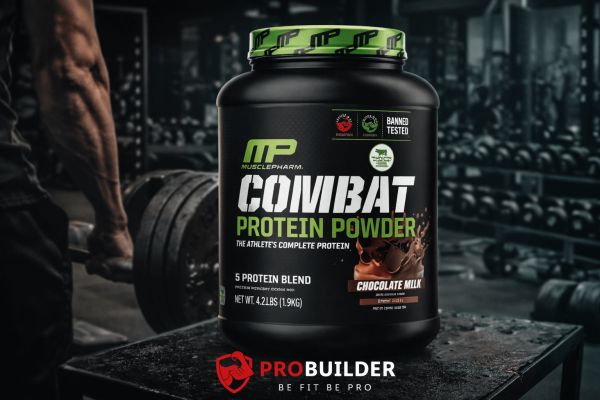 MusclePharm Combat Protein Powder in a gym setting with ProBuilder branding