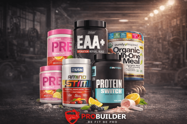 Supplement categories including pre-workout, EAA hydration, amino energy, plant protein, and meal replacement powders