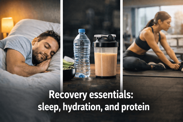 Muscle recovery essentials including sleep hydration and protein for hypertrophy