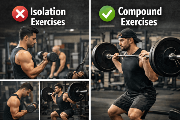Compound exercises vs isolation exercises for hard gainers building muscle mass