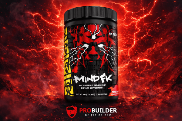 MIND FK epic nootropic pre-workout supplement container by ProBuilder with red lightning gym-style background