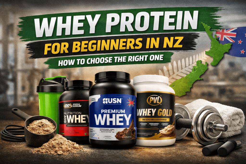 Whey protein powder products with shaker and gym equipment for beginners in New Zealand