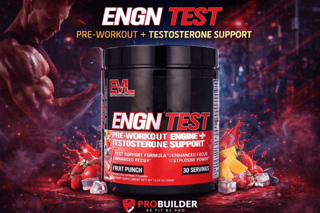 EVLution Nutrition ENGN TEST pre workout engine with testosterone support in fruit punch flavour displayed in a gym setting with strength training background.