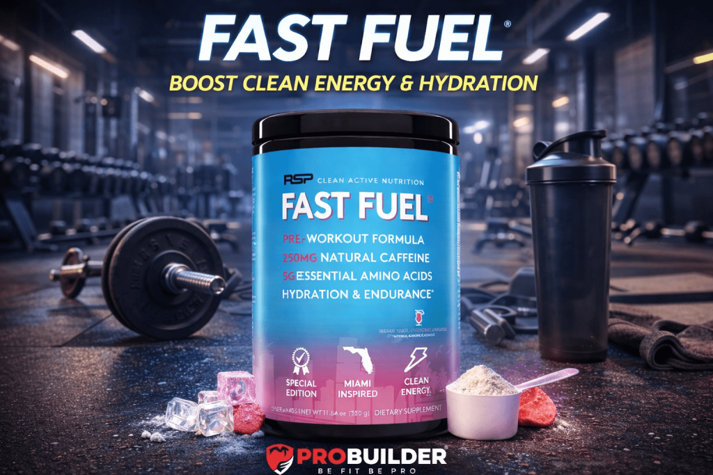RSP Nutrition Fast Fuel pre workout supplement displayed in a gym environment with dumbbells and shaker bottle, highlighting clean energy and hydration support.