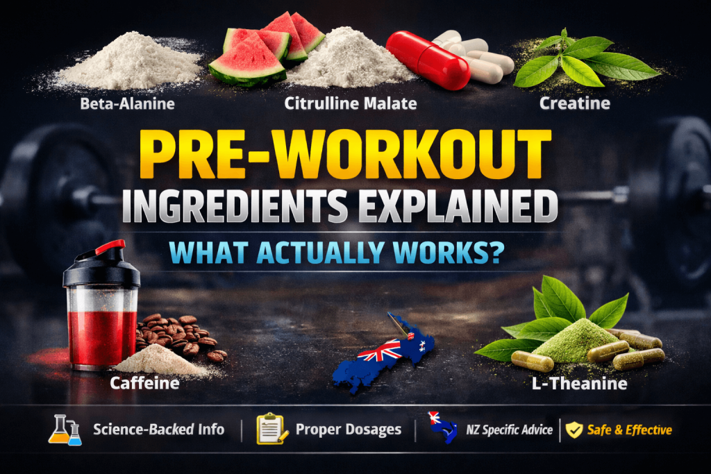 Pre-workout ingredients explained including caffeine, citrulline malate, beta-alanine, creatine and L-theanine with science-backed supplement guide design