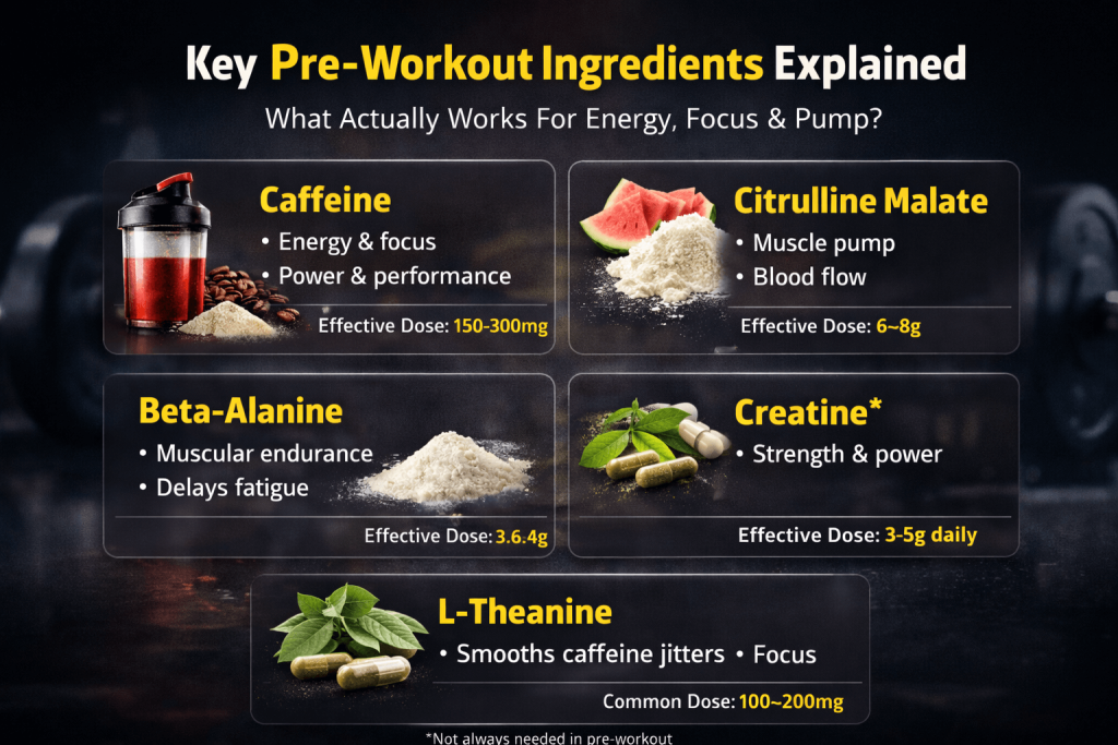 key pre-workout ingredients including caffeine (150–300mg), citrulline malate (6–8g), beta-alanine (3.2–6.4g), creatine (3–5g daily), and L-theanine (100–200mg) with benefits for energy, focus, strength and muscle pump.