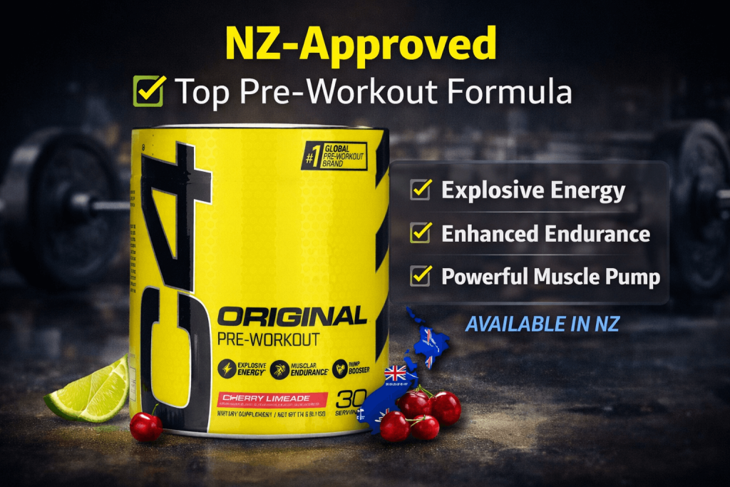 Cellucor C4 Original Pre-Workout supplement in Cherry Limeade flavor highlighting explosive energy, muscular endurance and pump support, available for gym users in New Zealand.