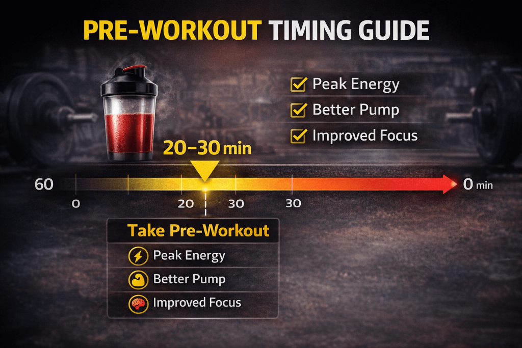 pre-workout timing guide recommending taking pre-workout 20–30 minutes before training for peak energy, better muscle pump and improved focus.