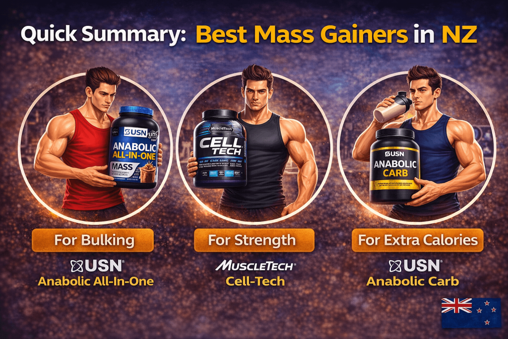 Best mass gainers in New Zealand quick summary USN Anabolic All in One MuscleTech Cell Tech and USN Anabolic Carb ProBuilder NZ