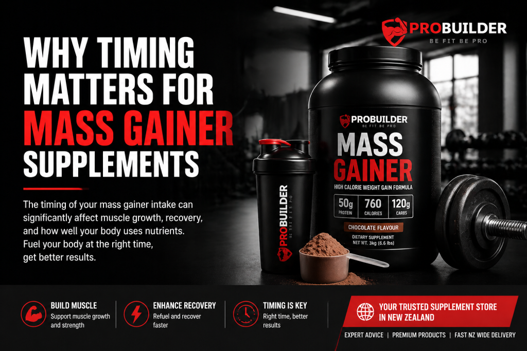 PROBUILDER Mass Gainer supplement container, shaker, and powder displayed with key benefits highlighted, including muscle growth, recovery, and nutrient absorption