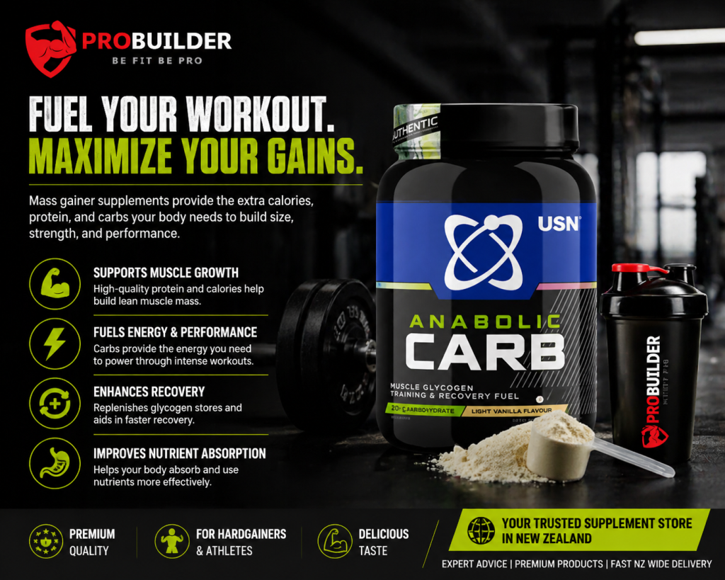 Gym-themed promotional image showcasing PROBUILDER Mass Gainer and USN Anabolic Carb supplements with a high-contrast gym backdrop. The image highlights key benefits such as muscle growth, energy performance, recovery, and improved nutrient absorption. The design includes bold typography, product details, and a call to action for PROBUILDER’s trusted supplement store in New Zealand.