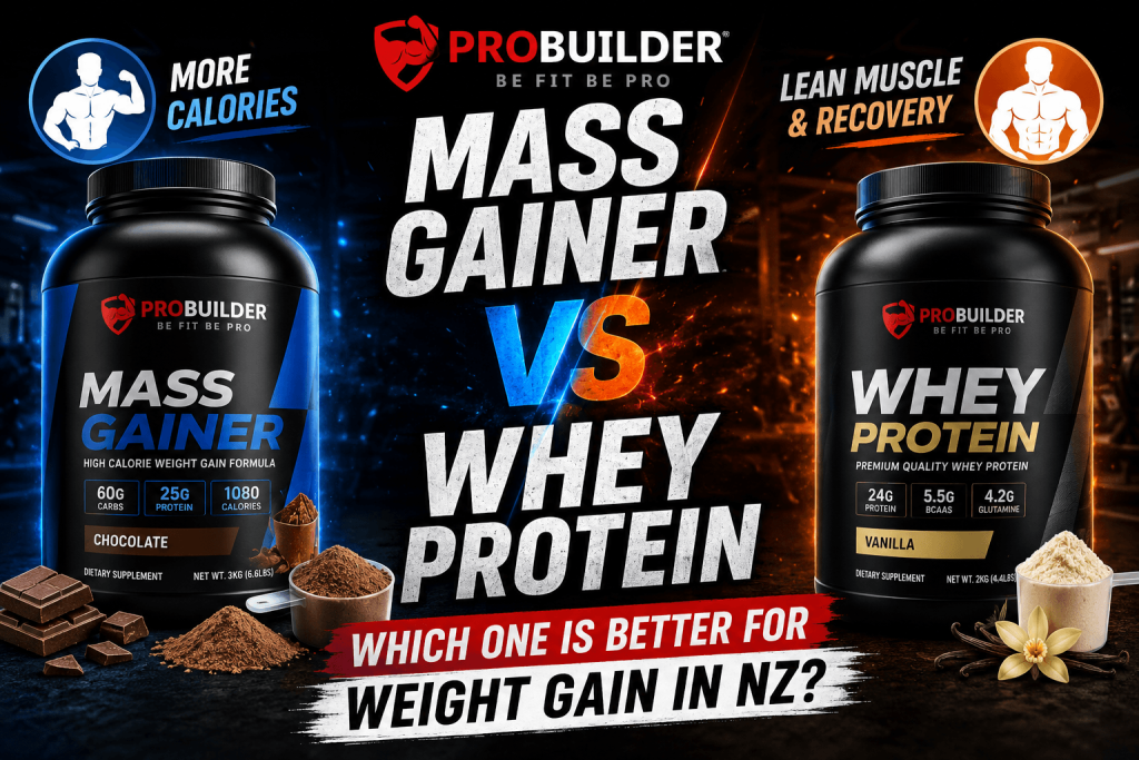 Comparison infographic showing Mass Gainer vs Whey Protein supplements for weight gain, muscle growth, recovery, calories, and bulking goals in New Zealand.