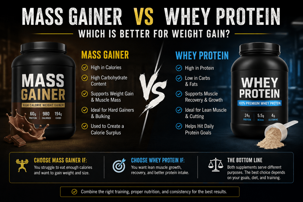 Mass Gainer vs Whey Protein comparison infographic showing calories, muscle growth, recovery, carbs, and weight gain benefits for fitness goals in New Zealand.