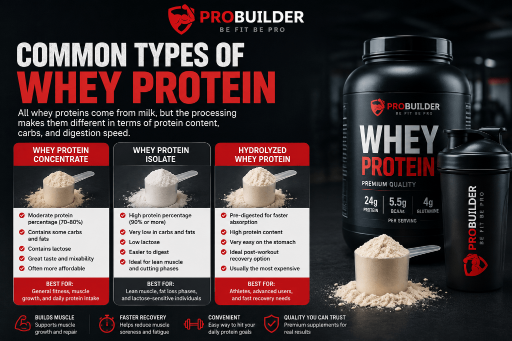 Common types of whey protein infographic by ProBuilder NZ showing whey concentrate, whey isolate, and hydrolyzed whey protein with benefits, protein content, digestion speed, and fitness use cases.