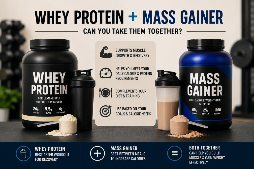 Whey protein and mass gainer comparison infographic showing how both supplements can be used together for muscle growth, recovery, and healthy weight gain in New Zealand.