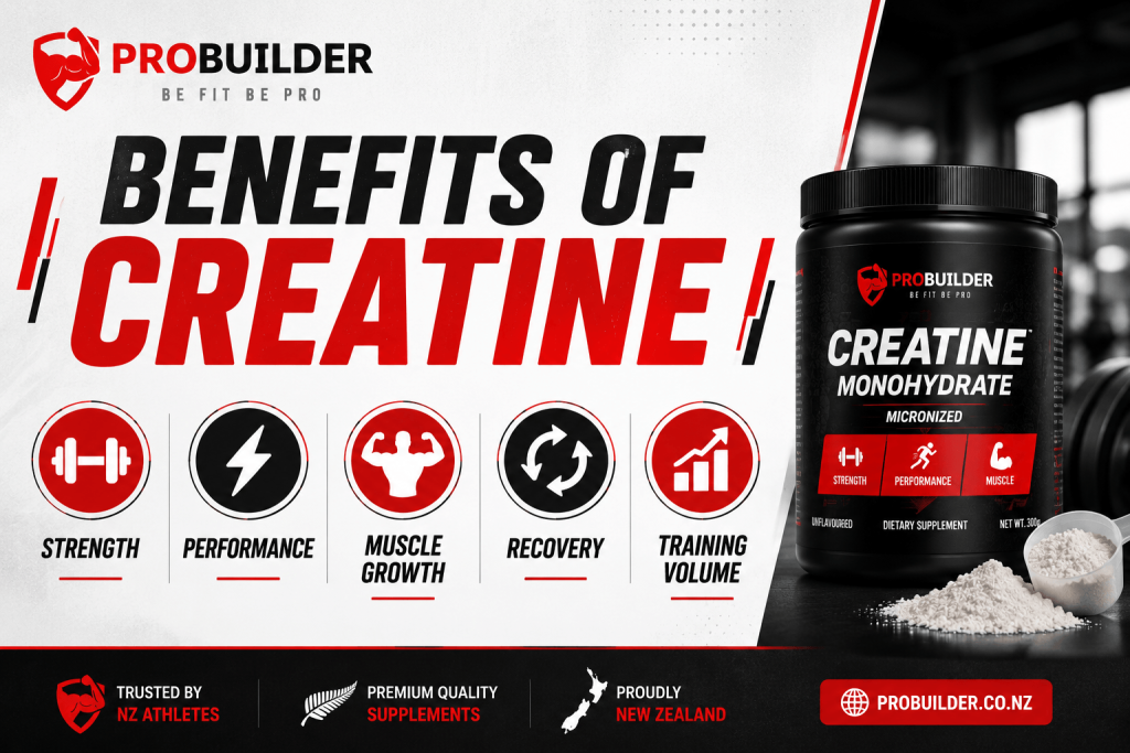 Benefits of creatine infographic showing strength, performance, muscle growth, recovery, and increased training volume with ProBuilder creatine supplement.