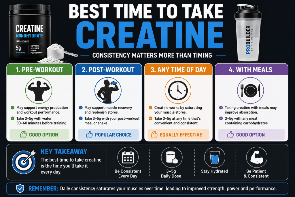 Best time to take creatine infographic showing pre-workout, post-workout, meal-time, and daily dosing options