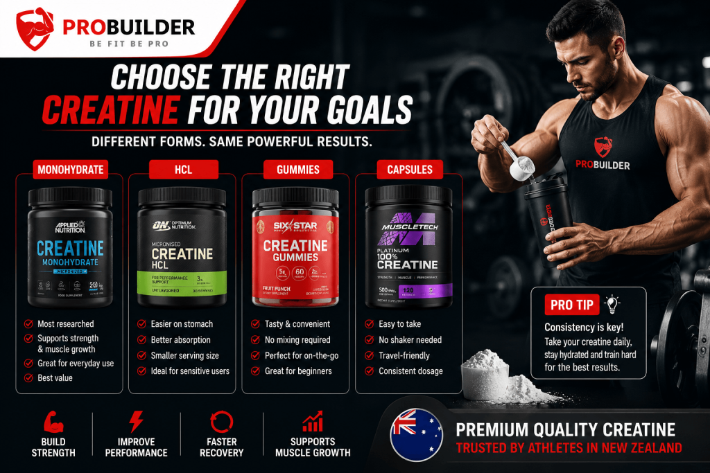 Comparison of creatine monohydrate, creatine HCL, creatine gummies, and creatine capsules showing the benefits, usage, and best applications for strength, muscle growth, recovery, and workout performance.