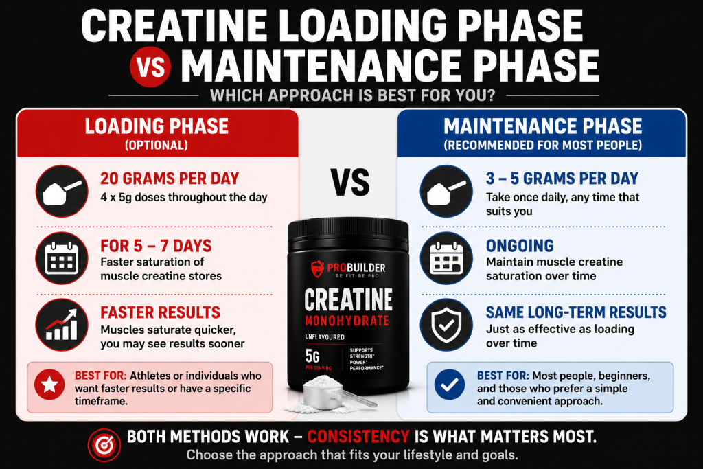 Creatine loading phase vs maintenance phase comparison showing dosage, duration, and benefits