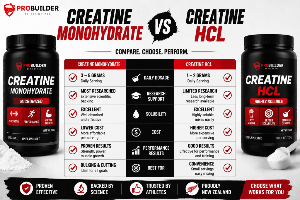 Comparison chart showing differences between Creatine Monohydrate and Creatine HCL including dosage, research support, cost, solubility, and performance benefits.