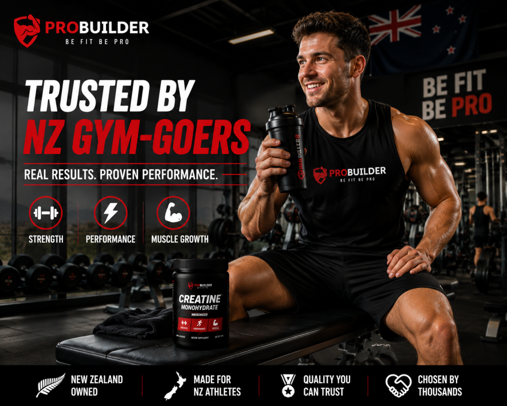 New Zealand gym athlete using creatine supplement and shaker bottle in a modern gym, highlighting strength, performance, and muscle growth benefits with ProBuilder Creatine Monohydrate.