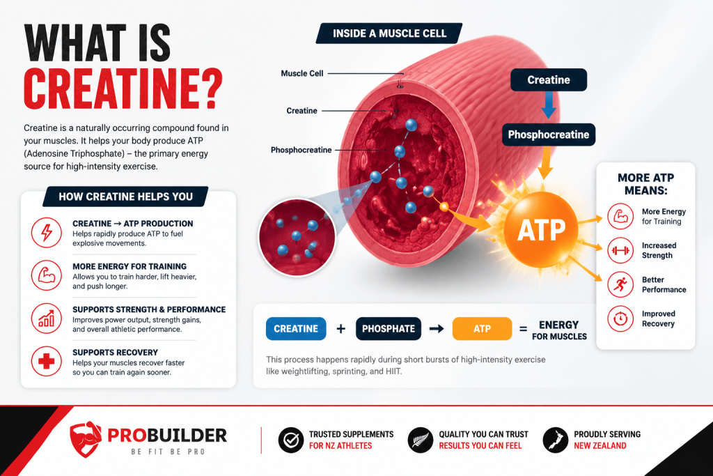 Infographic explaining what creatine is, how it supports ATP production inside muscle cells, and its benefits for strength, muscle growth, recovery, and athletic performance.