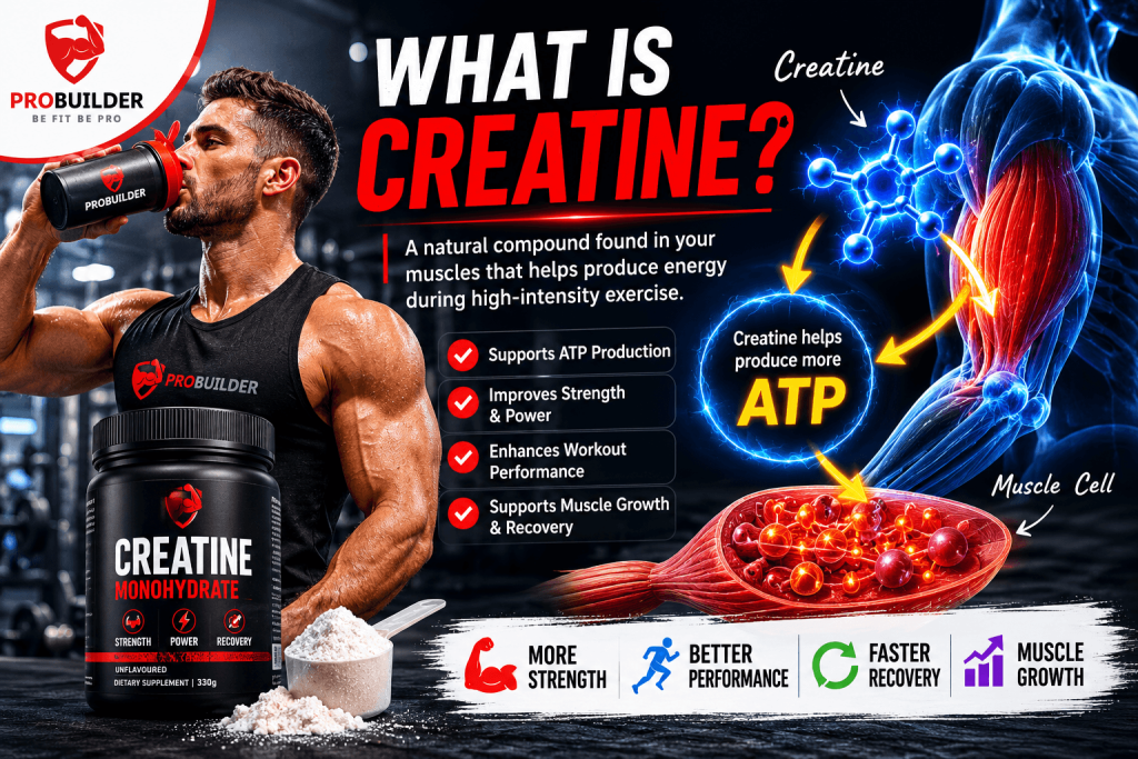 What is creatine infographic showing how creatine supports ATP energy production, improves strength, enhances workout performance, supports muscle growth, and speeds up recovery for gym-goers and athletes.