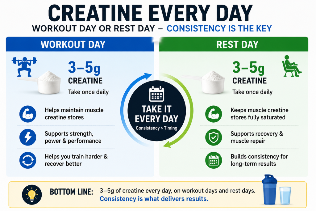 Infographic showing that creatine should be taken every day, including workout days and rest days, to maintain muscle creatine stores and support strength, recovery, and performance.