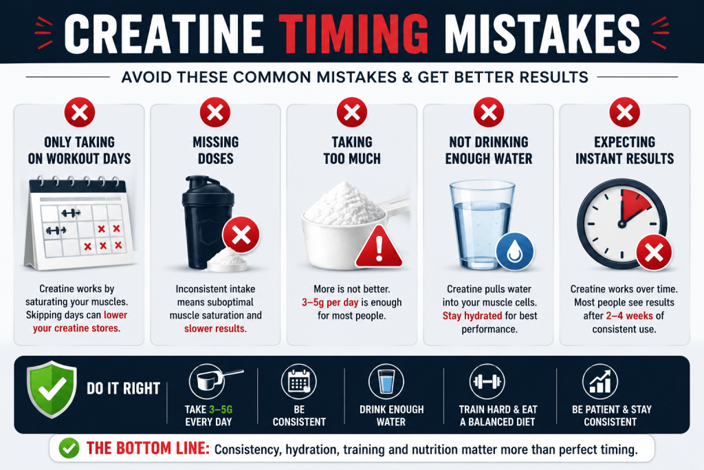 Infographic showing five common creatine mistakes, including skipping doses, only taking creatine on workout days, taking too much, not drinking enough water, and expecting instant results.
