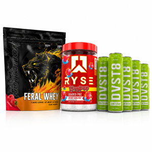 Pack Nutrition Feral Whey Protein & Ryse Loaded Pre-Workout Combo Pack with 5 DVST8 Energy Drink Cans